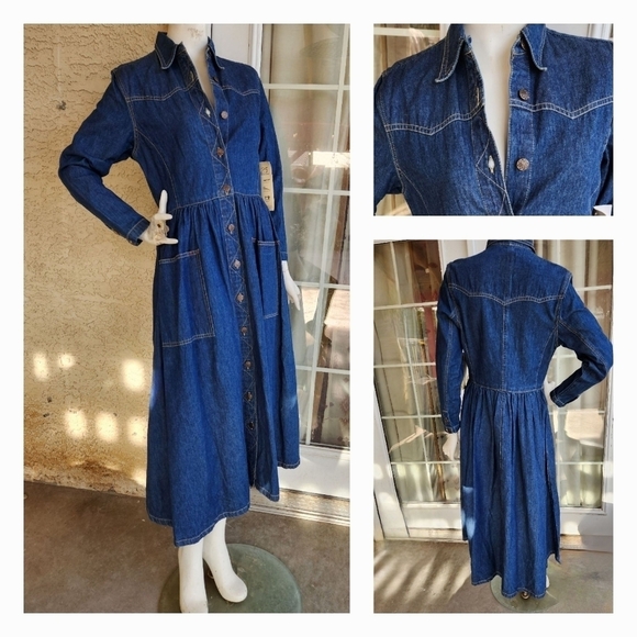 80s Dresses & Skirts - Vintage 80s Western Long Sleeve Denim Maxi Dress
